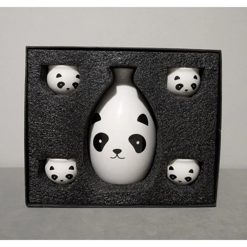 5pc Ceramic Panda Sake Set Japanese Decanter Bottle 4 Cups Storage Box Kawaii